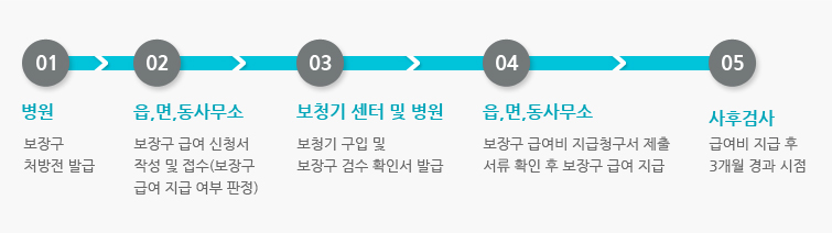 1) 병원 : 보장구 처방전 발급 2) 읍,면,동사무소 : 보장구 급여 신청서 작성 및 접수(보장구 급여 지급 여부 판정) 3) 보청기 센터 및 병원 : 보청기 구입 및 보장구 검수 확인서 발급 4) 읍,면,동사무소 : 보장구 급여비 지급청구서 제출 서류 확인 후 보장구 급여 지급 5) 사후검사 : 급여비 지급 후 3개월 경과 시점