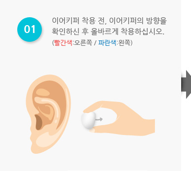 01 - 이어키퍼 착용전, 이어키퍼의 방향을 확인 하신 후 올바르게 착용하십시오. (빨간색:오른쪽 / 파란색:왼쪽)